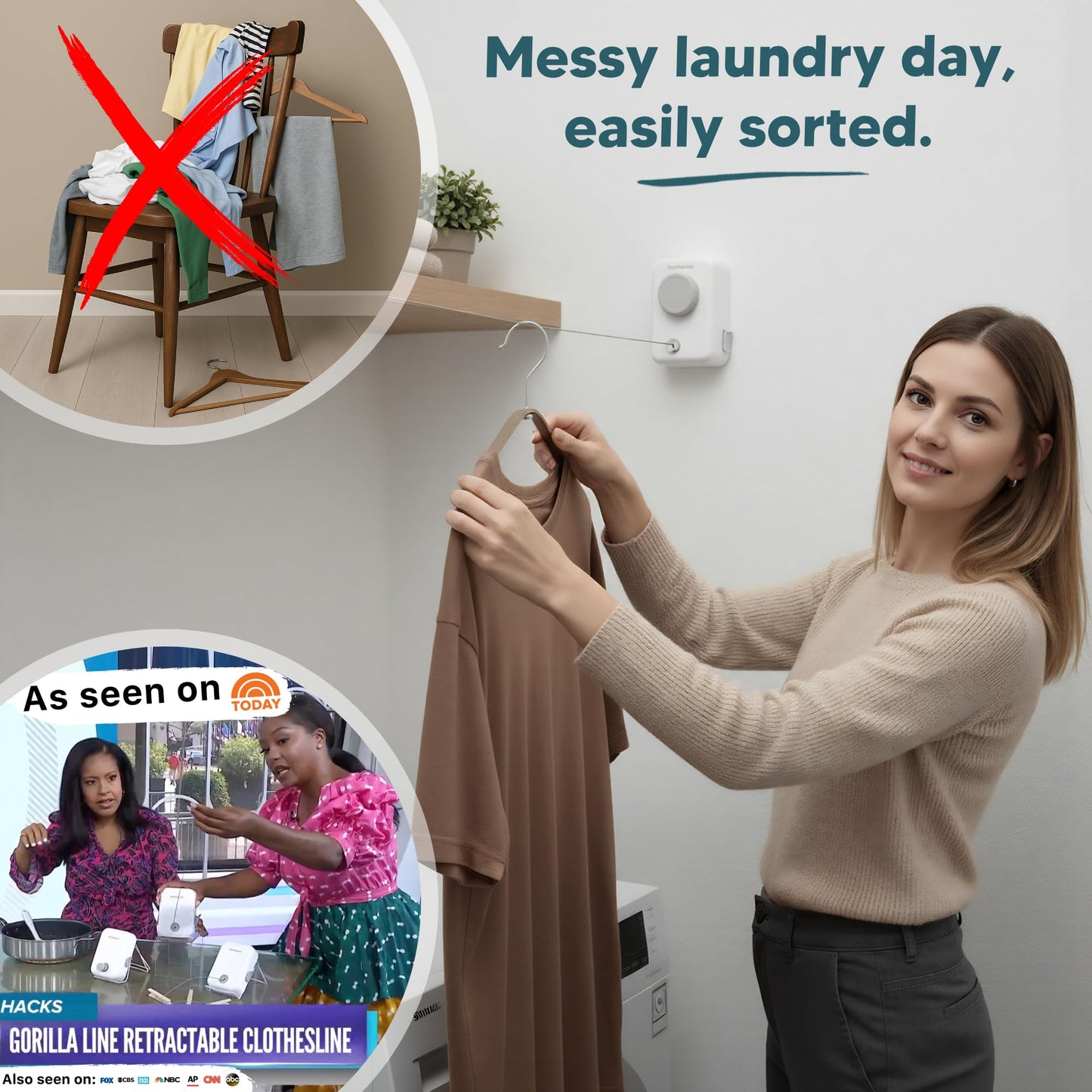 GorillaLine Max – Retractable Clothesline Indoor Outdoor, Non-Sagging Heavy Duty Clothes Drying Line, Wall Mounted Drying Rack, Air Dry Clothing, Max Tighten with GorillaGrip