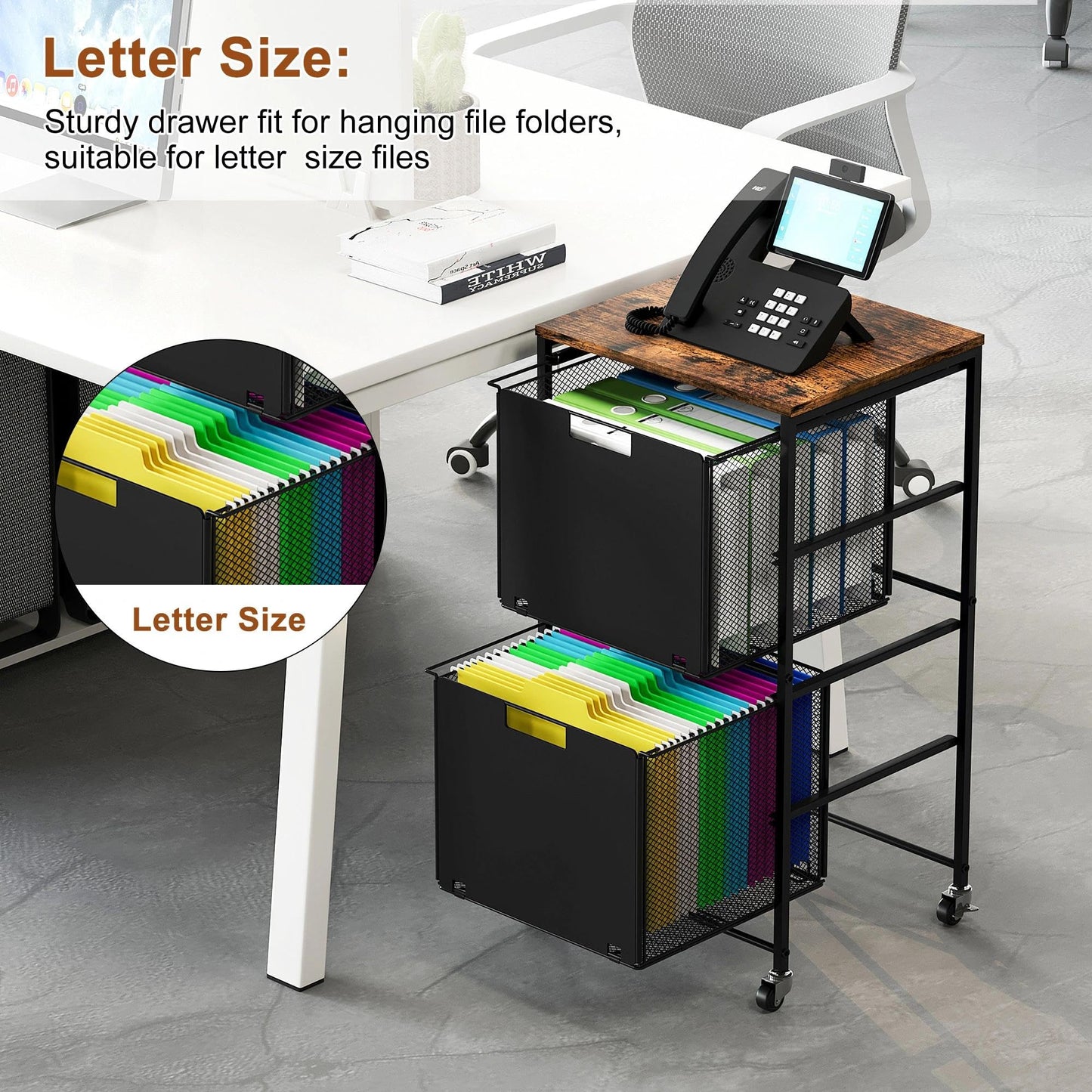 EasyPAG Rolling Storage Cart with 2 Drawers, Under Desk File Cabinet on Lockable Wheels, Movable Letter Size Hanging File Folder Organizer with Wooden Printer Stand for Home Office, Black