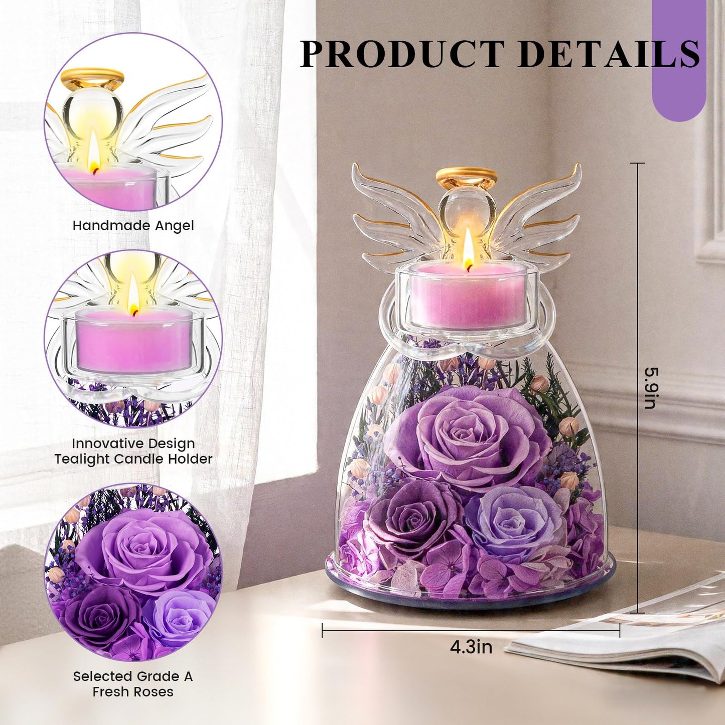 Agrul Mothers Day Roses Gifts for Mom Women,Preserved Real Flowers Roses in Glass Angel Figurines Candle Holder with Tealight Candle Holder/Purple