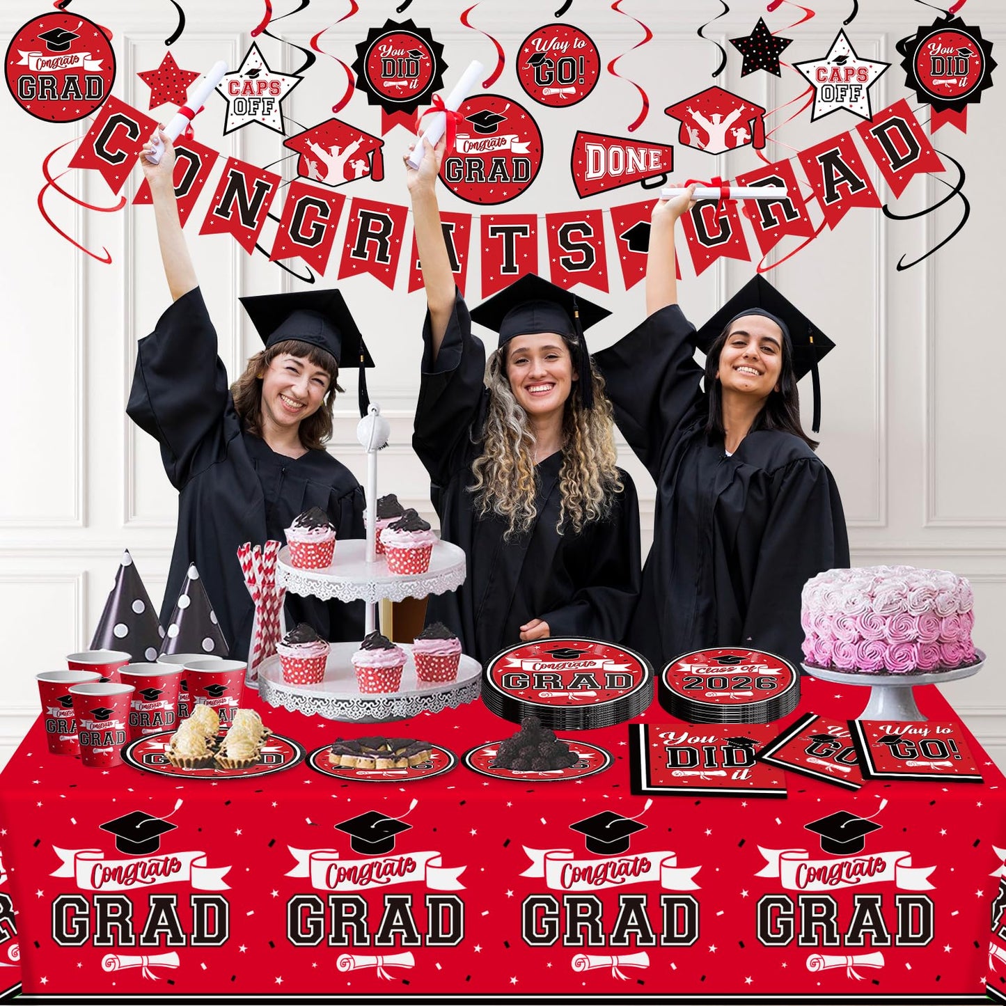 DAZONGE Graduation Decorations 2026 Red and Black, 265pcs Disposable Tableware Kit for 50 Guests, Plates, Napkins, Cups, Tablecloth and Hanging 2026 Graduation Party Decorations