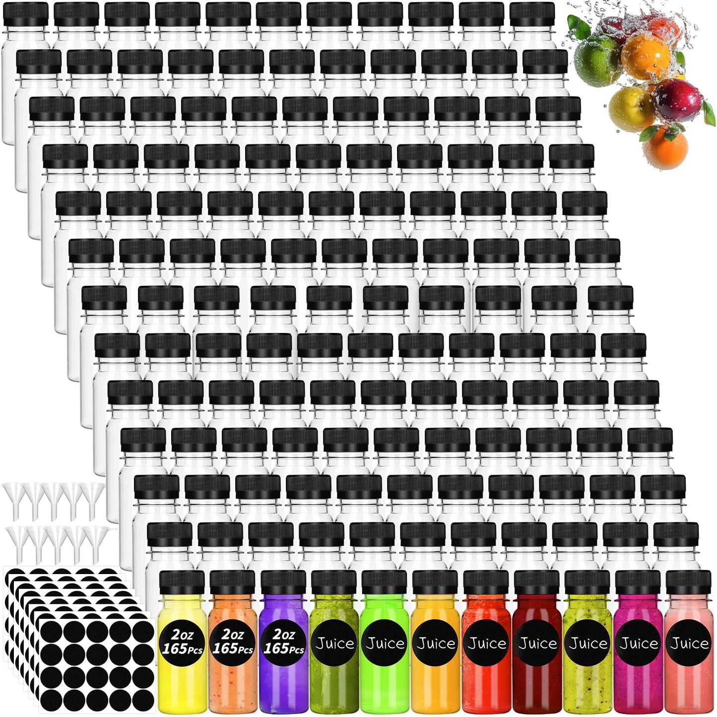 UZLU 165 Pcs 2 oz Small Plastic Juice Bottles with Black Caps Mini Clear Ginger Shot Containers with Tamper Proof Lids Reusable Travel Bottles with Funnels Labels for Juice Milk Water Other Beverages