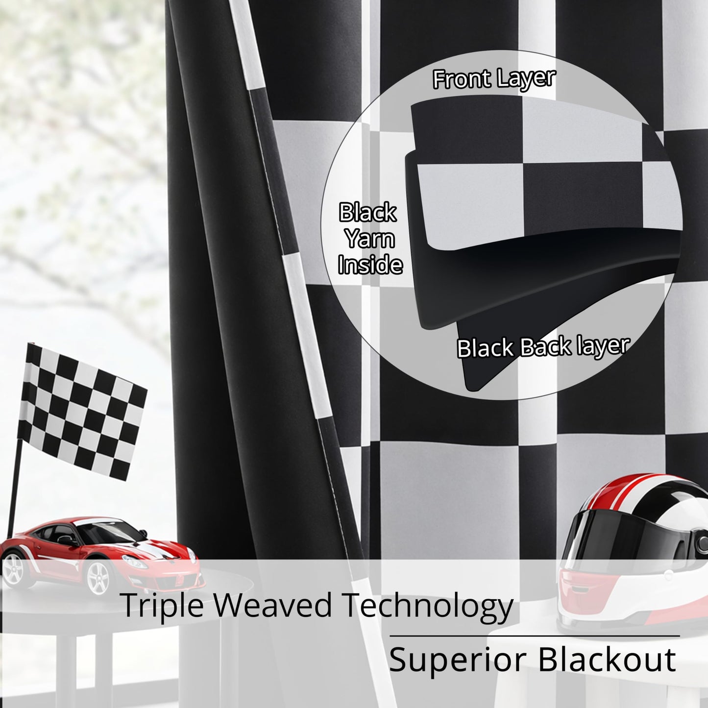 BOHOMOCASA 100% Blackout Curtains – Black and White Checkered Race Flag Pattern, 2 Panels, Each W52×L84, Thermal Insulated, Nosie Reducing for Bedroom, Living Room, Race car Drapes