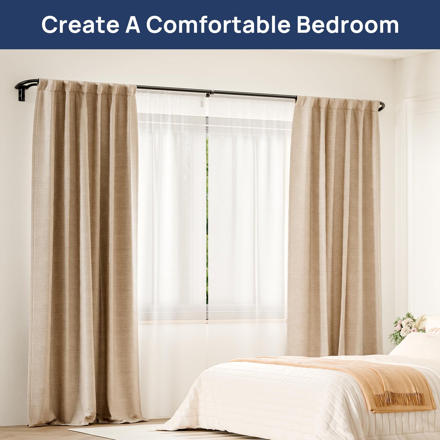 ENJOYBASICS Double Curtain Rod，Blackout Wrap-Around Curtain Rods for Windows 48 to 84 Inch，Adjustable from 32 to 86 Inch for Room Darkening Curtains, Matte Black