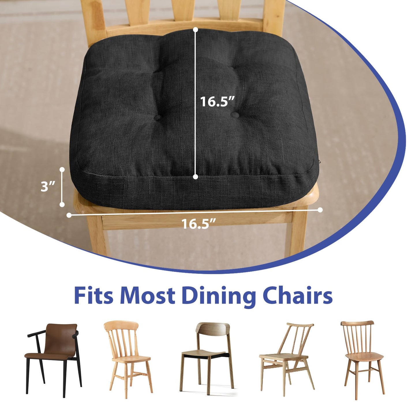 IASEAHK Chair Cushions, Foam Dining Chair Cushions, Tufted Indoor Chair Pads,16.5” x 16.5” x 3.5”, Set of 4, Black