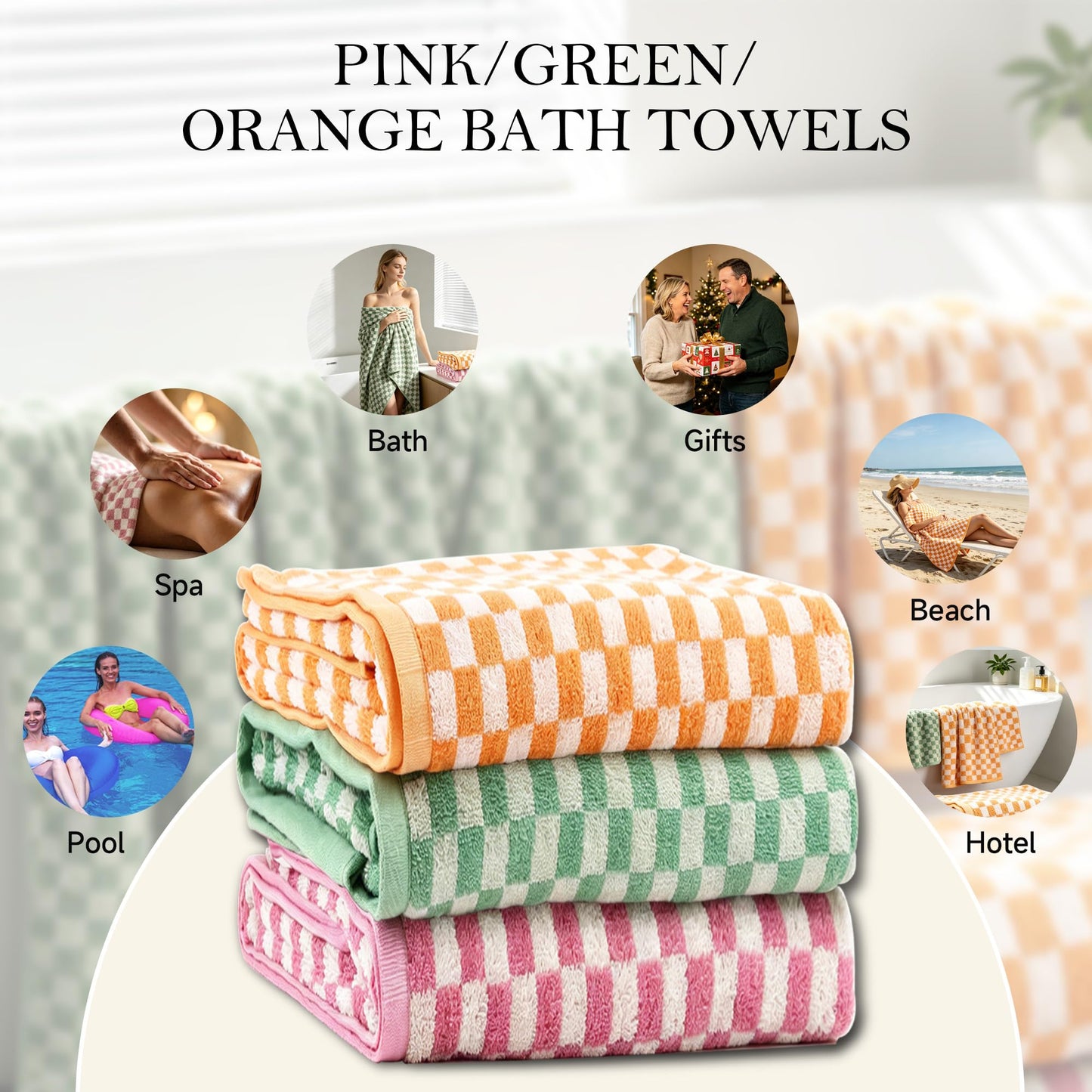 CinGiiCo Checkered Bath Towels Set of 3, 100% Cotton Bath Towels Large, 600GSM, 55 * 28 in, Luxury Shower Towels for Bathroom, Soft Absorbent Quick-Dry（Orange+Dark Green+Pink）