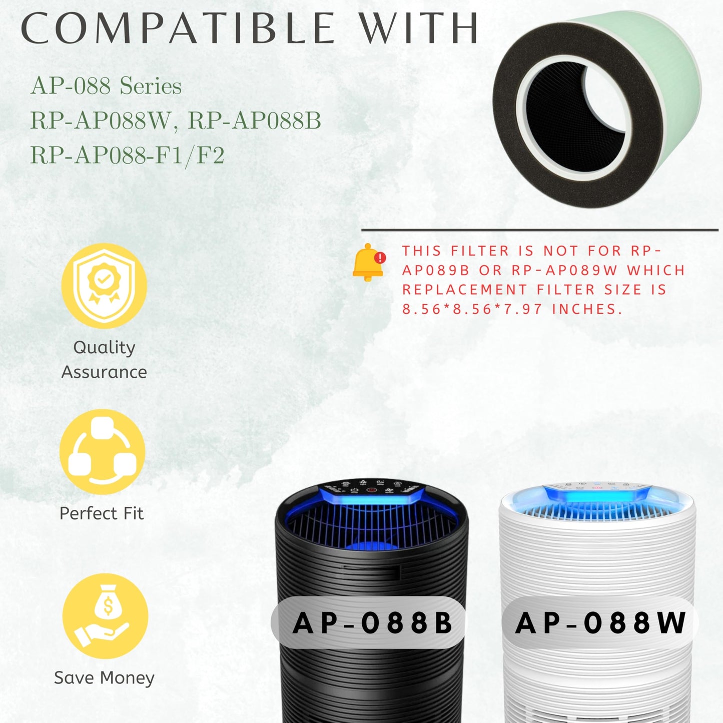 Nispira RP-AP088-F1 RP-AP088 Replacement Filter for RENPHO Air purifier RP-AP088W RP-AP088-F2 H13 4-in-1 HEPA Activated Carbon, 2 Packs