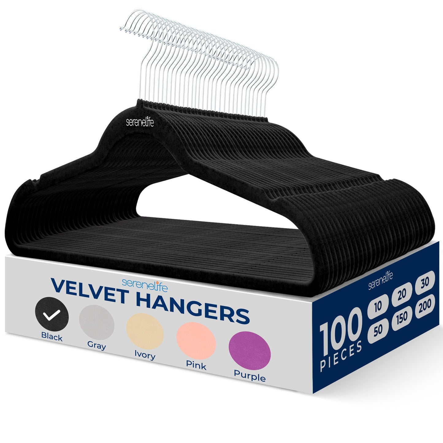 SereneLife Velvet Hangers 100 Pack Black – Slim Non-Slip Clothes Hangers with Chrome 360° Swivel Hook, Durable 10 lbs Capacity, Ultra-Thin Space Saving Hangers for Closet Organization
