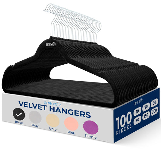 SereneLife Velvet Hangers 100 Pack Black – Slim Non-Slip Clothes Hangers with Chrome 360° Swivel Hook, Durable 10 lbs Capacity, Ultra-Thin Space Saving Hangers for Closet Organization