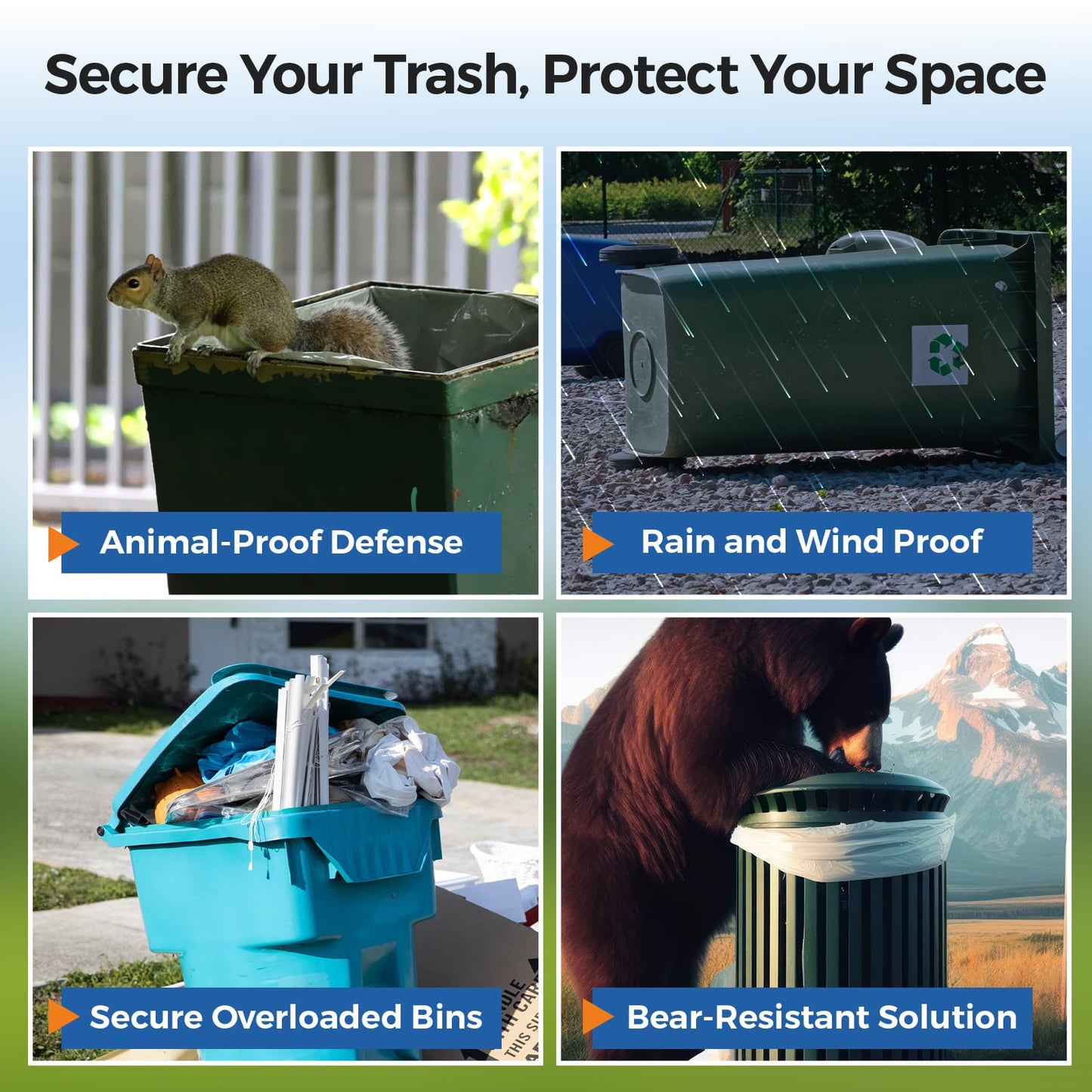 DHFFHY 4PCS Bear Proof Trash Can Locks with Double Metal Claw - Adjustable Strap Garbage Can Locks for 28-96 Gallon Outdoor Bins, Animal Proof Against Raccoons