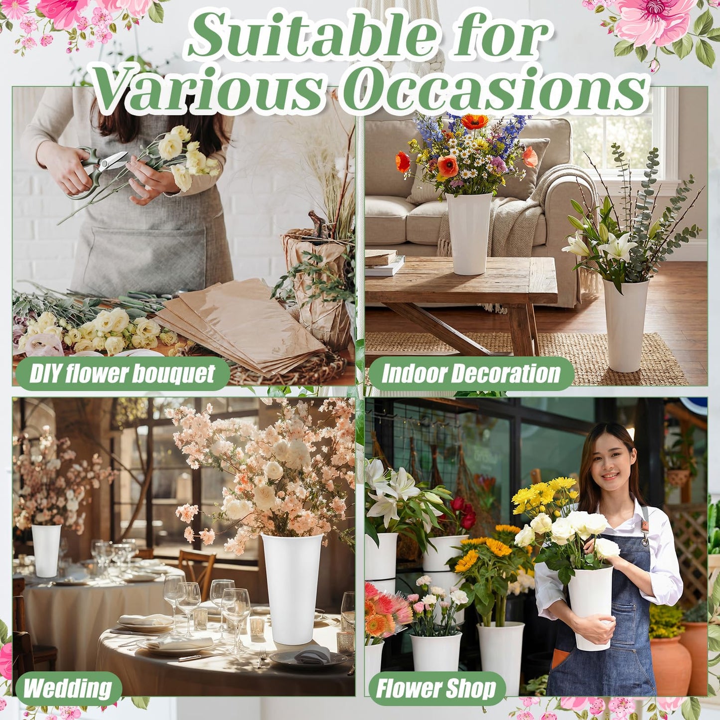 LemonRoad 60 Pcs Flower Bar Buckets Set Kit Include Clear Kraft Flower Bouquet Gift Bags Wrapping Sleeves, 9.84' Plastic Flowers Bucket, Scissors Ribbon for Bar Supplies Wedding Bridal Shower Decor