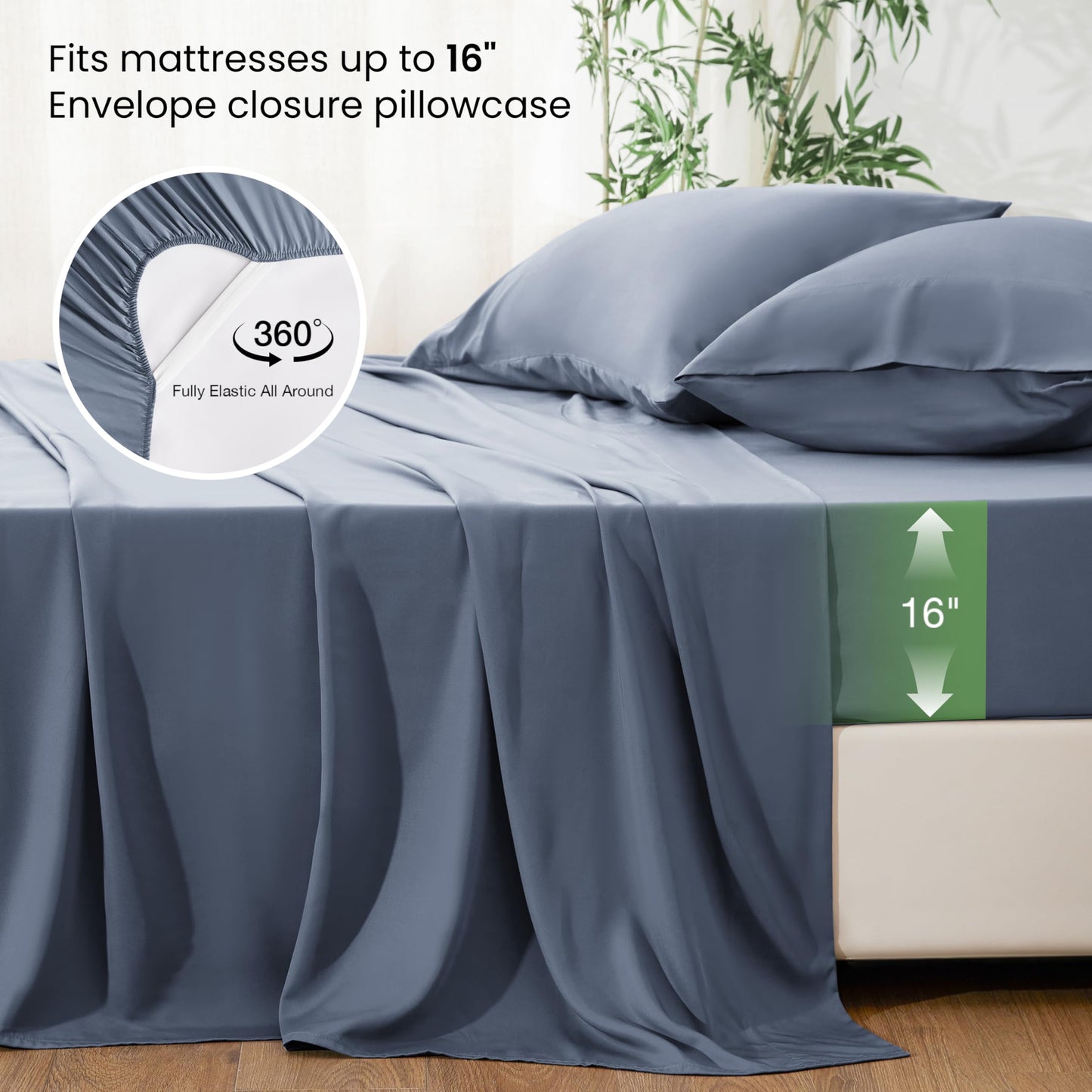 Love's cabin 4 Piece Queen Sheet Set, 100% Rayon Derived from Bamboo, Cooling & Breathable, Soft Silky Deep Pocket up to 16", Hotel Luxury Bedding for Hot Sleepers, Bluish Grey