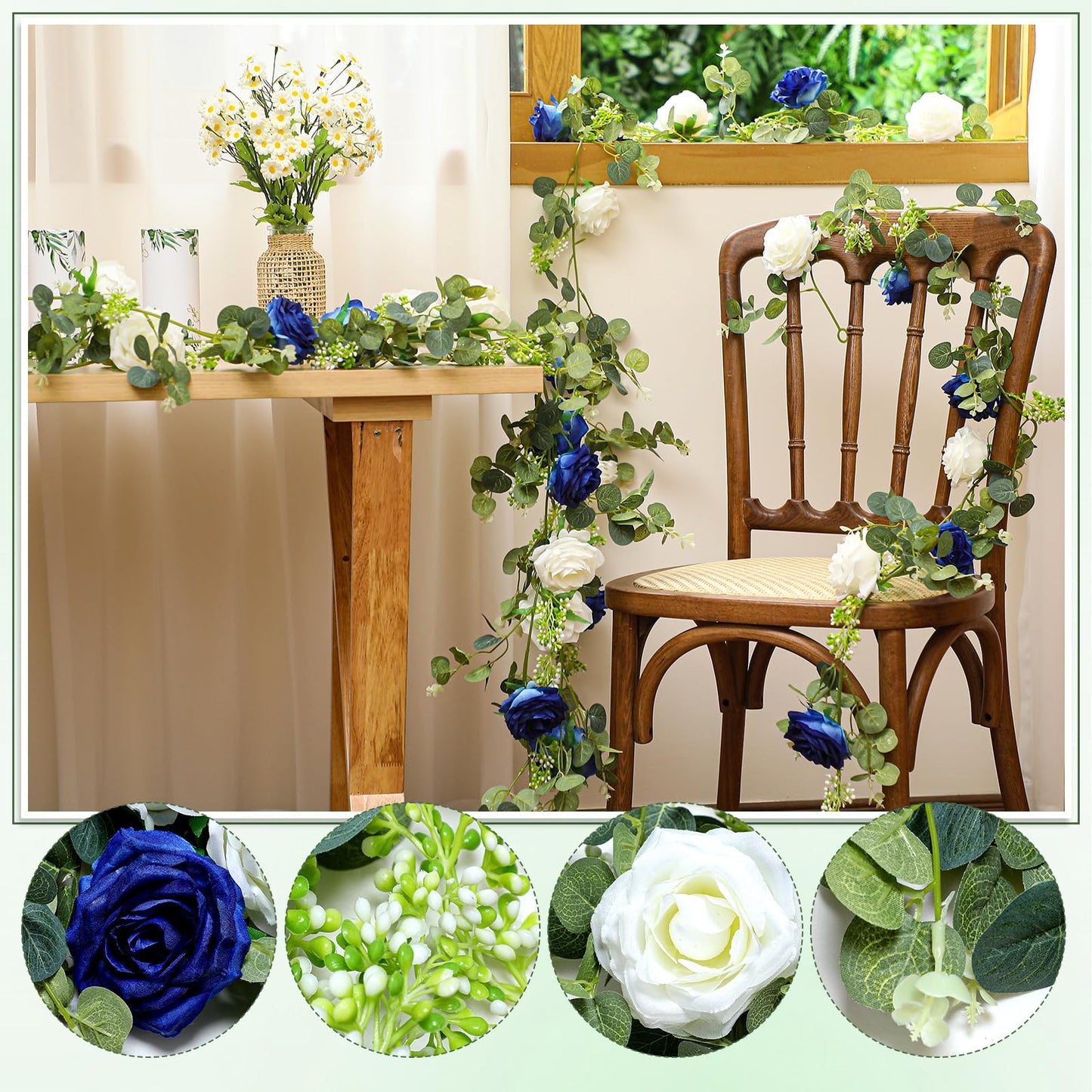 Riceshoot 4 Pcs 26 ft Artificial Eucalyptus Vines Garland with Flowers Faux Floral Greenery Garlands Rose Wreath for Wedding Party Arch Table Decor Backdrop Decorations (Blue and White)