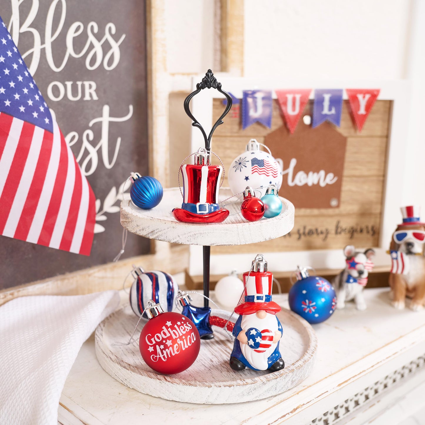 Valery Madelyn 4th of July Tree Decorations for Patriotic Memorial Day Ornaments, 50ct Medium Red White Blue Shatterproof Americana Gnome for Independence Day USA 250th Anniversary Hanging Ball Decor