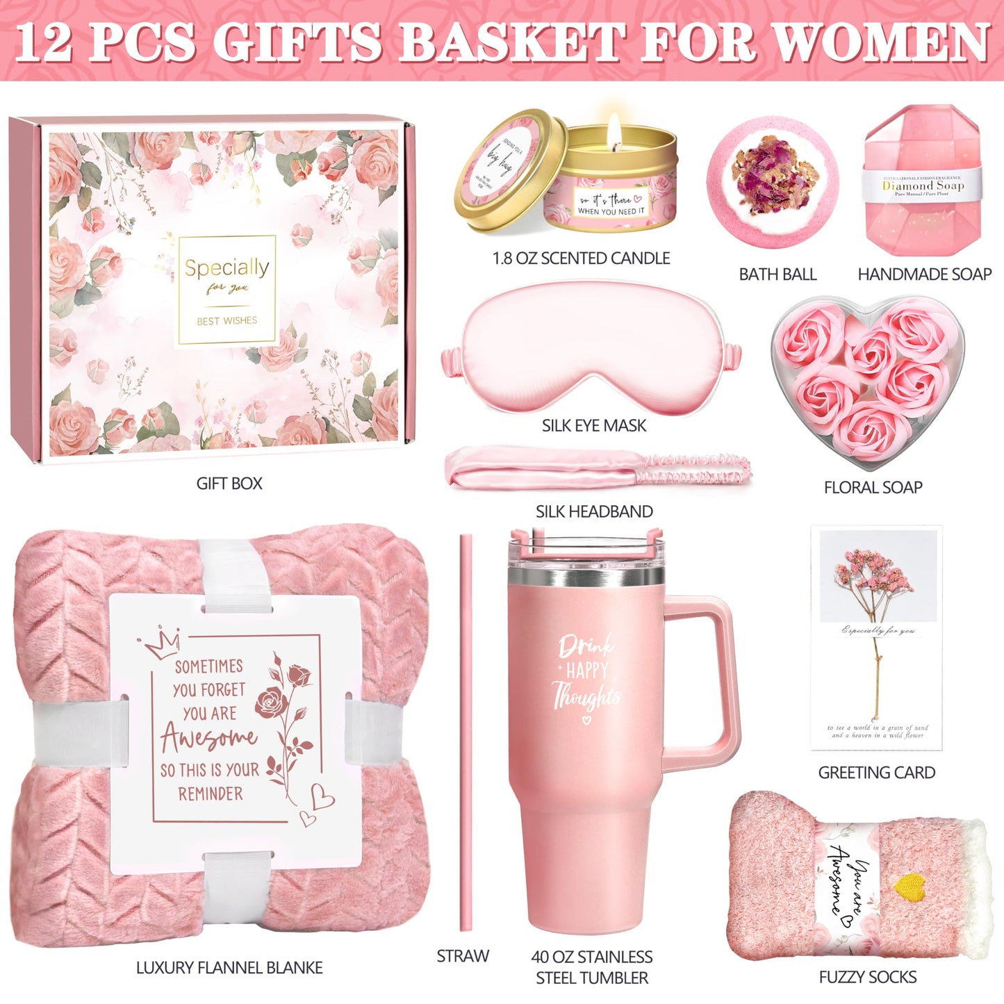 Birthday Gifts for Women Self Care Get Well Soon Gifts, Rose Relaxing Spa Gift Basket - Happy Birthday Set w/ Luxury Flannel Blanket & 40 oz Tumbler, Christmas Gift for Mom Her Wife Sister Friend