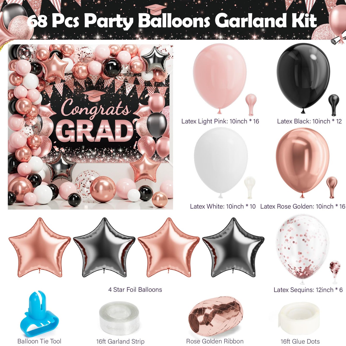 Ecomore 2026 Graduation Decorations - 245 PCS Grad Disposable Dinnerware(Serve 25) & Graduation Party Supplies With Congrats Paper Plate Cup Napkin Tablecloth Backdrop Balloon - Black Pink Rose Gold