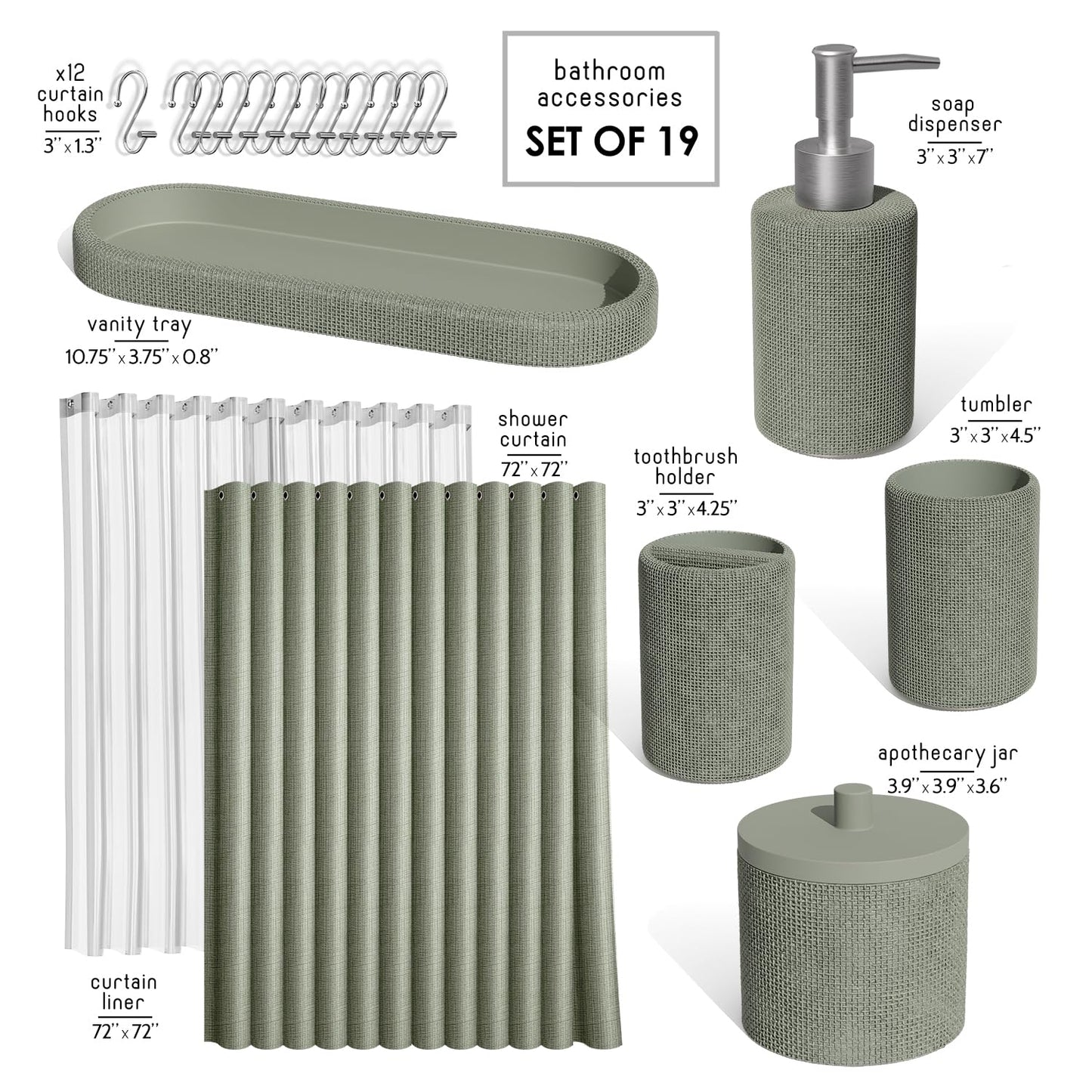 Clara Clark Sage Green Bathroom Set - Bathroom Accessories Set, 19PC Bathroom Accessory Set, Bathroom Sets with Shower Curtain Set, Soap Dispenser & Toothbrush Holder
