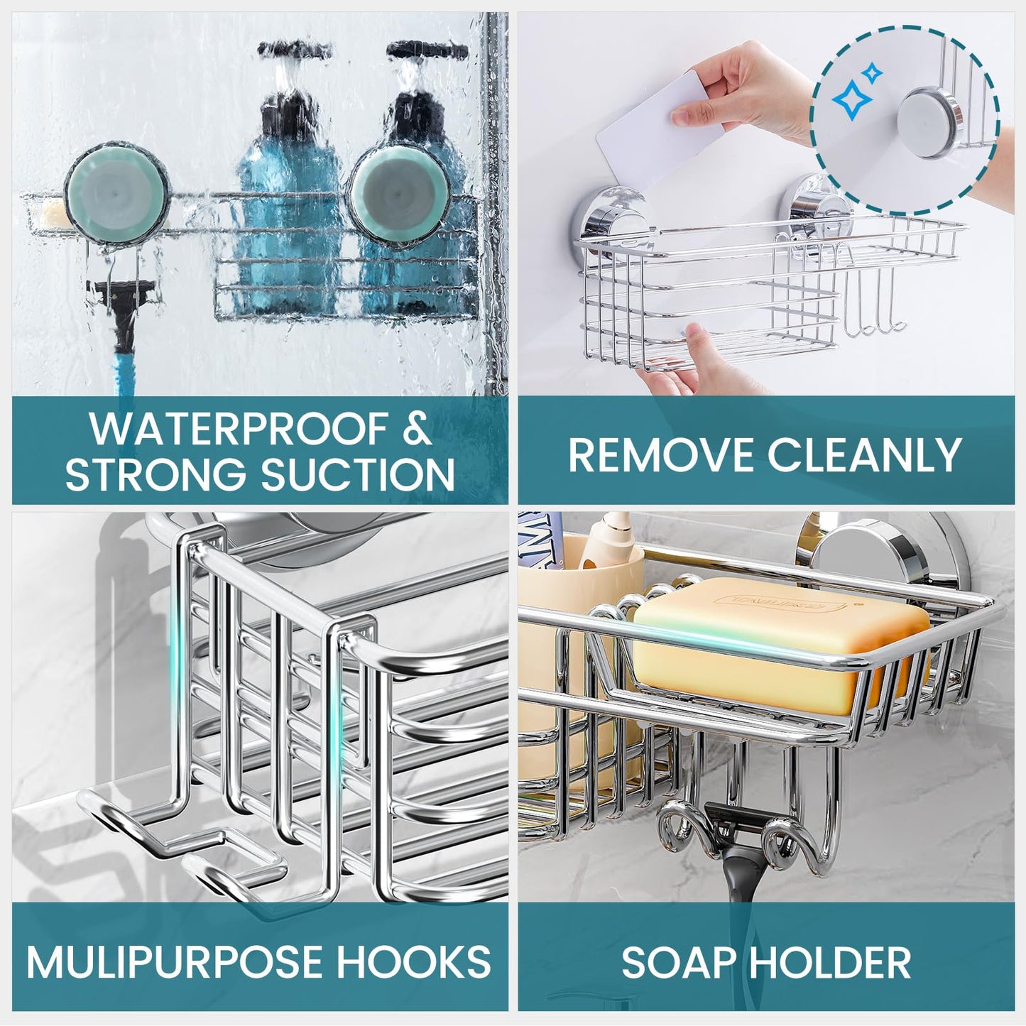 TAILI Shower Caddy Suction Cup 2 Pack with Hooks and Soap Holder, Heavy Duty Shower Organizer for Bathroom, No Drilling Silver Bathroom Suction Shelves-Silver