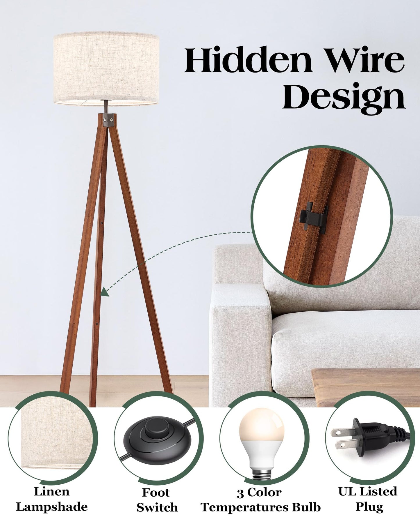 ELYONA Solid Wood Tripod Floor Lamp with 3 Color Temperatures LED Bulb, Mid Century Modern Reading Standing Light Nature Linen Shade Tall Night Light for Bedroom Living Room Office Study Room, Brown