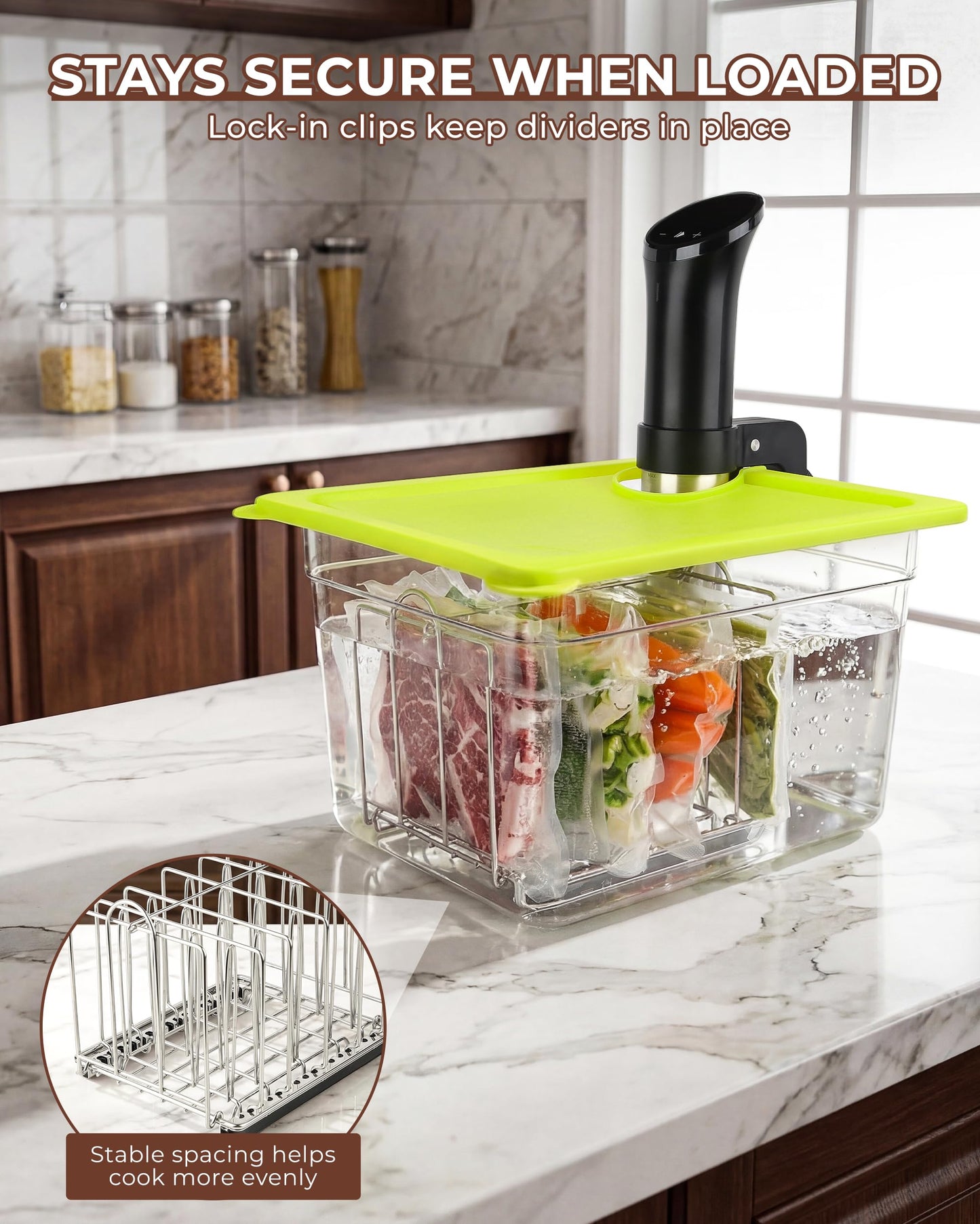EVERIE 12Qt Sous Vide Container Kit w/Collapsible Lid + Lock-In Divider Rack + Insulating Sleeve – For Long Cooks, Fits Most Clamp-Style Circulators