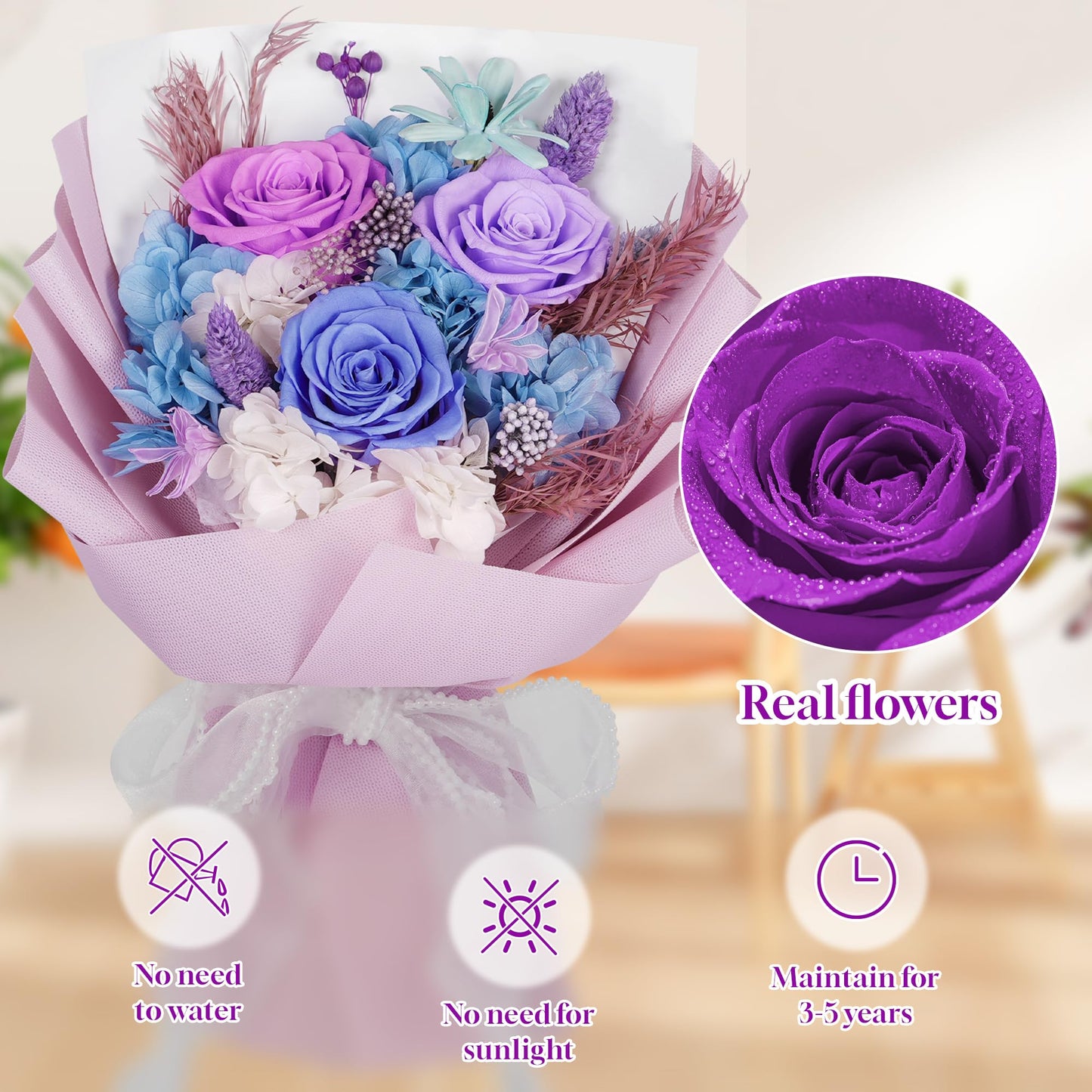 Childom Mothers Day Rose Gifts for Mom,Birthday Gifts for Women,Preserved Flowers for Delivery,Mothers Day Flowers Gift for Wife,Grandma,Purple Real Roses Bouquets for Her,Anniversary,Valentines Gifts