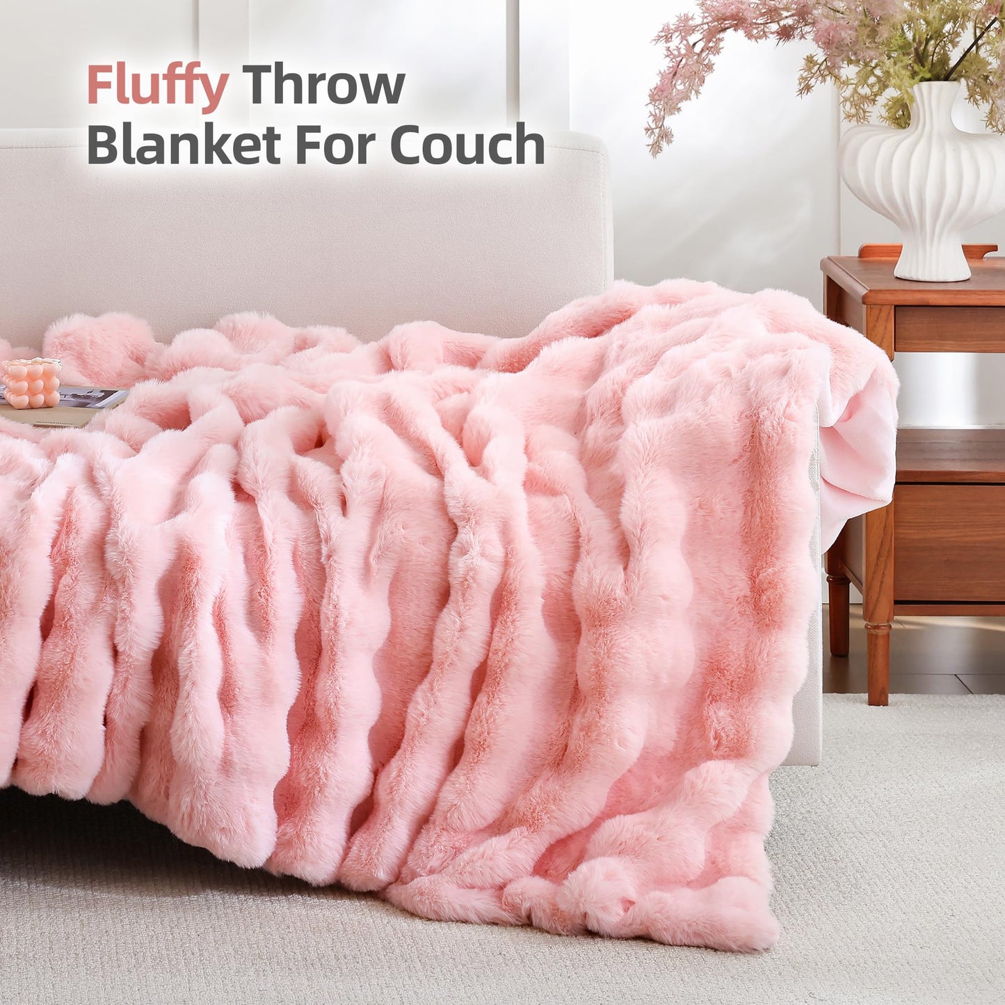 Smoofy Faux Fur Throw Blanket for Couch - Blush Pink Super Soft Cozy Bubble Blanket, Fluffy Plush Fuzzy Throw for Sofa & Bed, Thick Lightweight Warm Blanket, Luxury Aesthetic Gift for Women 50"x60"