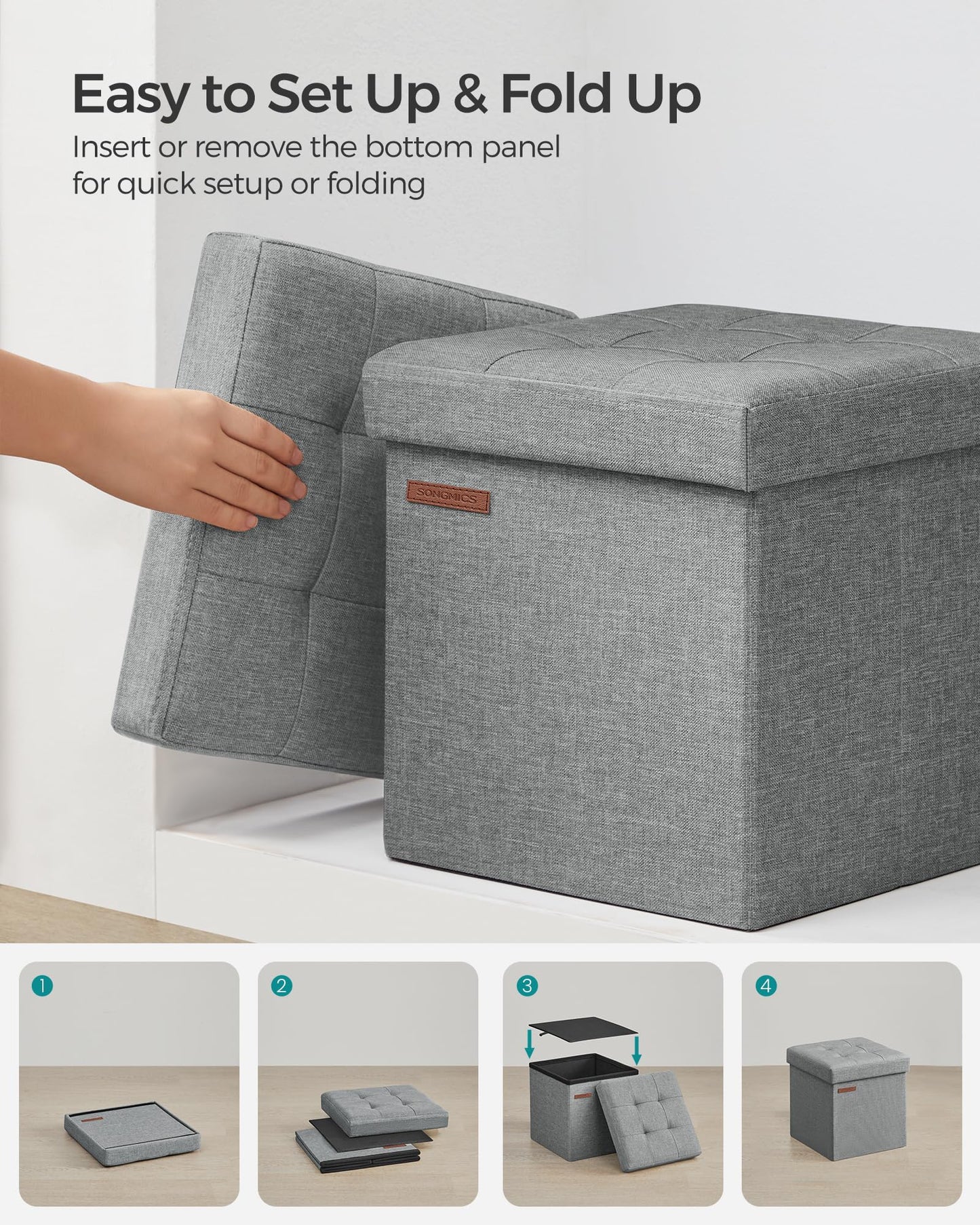 SONGMICS Storage Ottoman, Foldable Small Ottoman Foot Rest, 11.8 Inches Foot Stool, Cube Ottoman with Storage, Load up to 286 lb, for Living Room, Bedroom, Dorm, Light Gray ULSF028G02