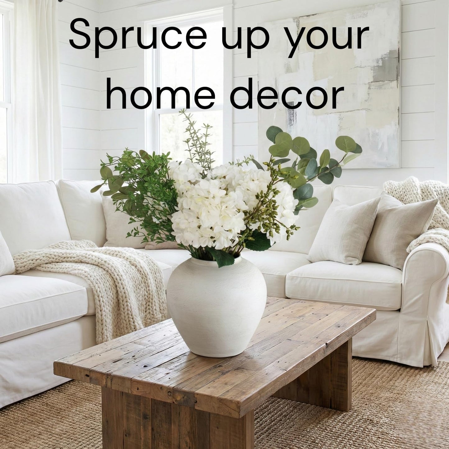 Faux Arrangement - Eucalyptus & White Hydrangea Flowers, Large Artificial Floral Greenery Centerpieces for Tables, Modern Farmhouse Decor for Dining Room, Kitchen & Coffee Table, 30 inches Tall