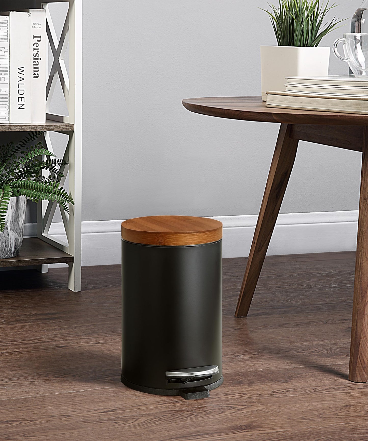 SunnyPoint Elite Bamboo Lid 4.5 Liter / 1.2 Gallon Round Trash Can with Plastic Inner Bucket; Bathroom, Office, Kitchen and Bedroom Step On and Slow Close (Black)