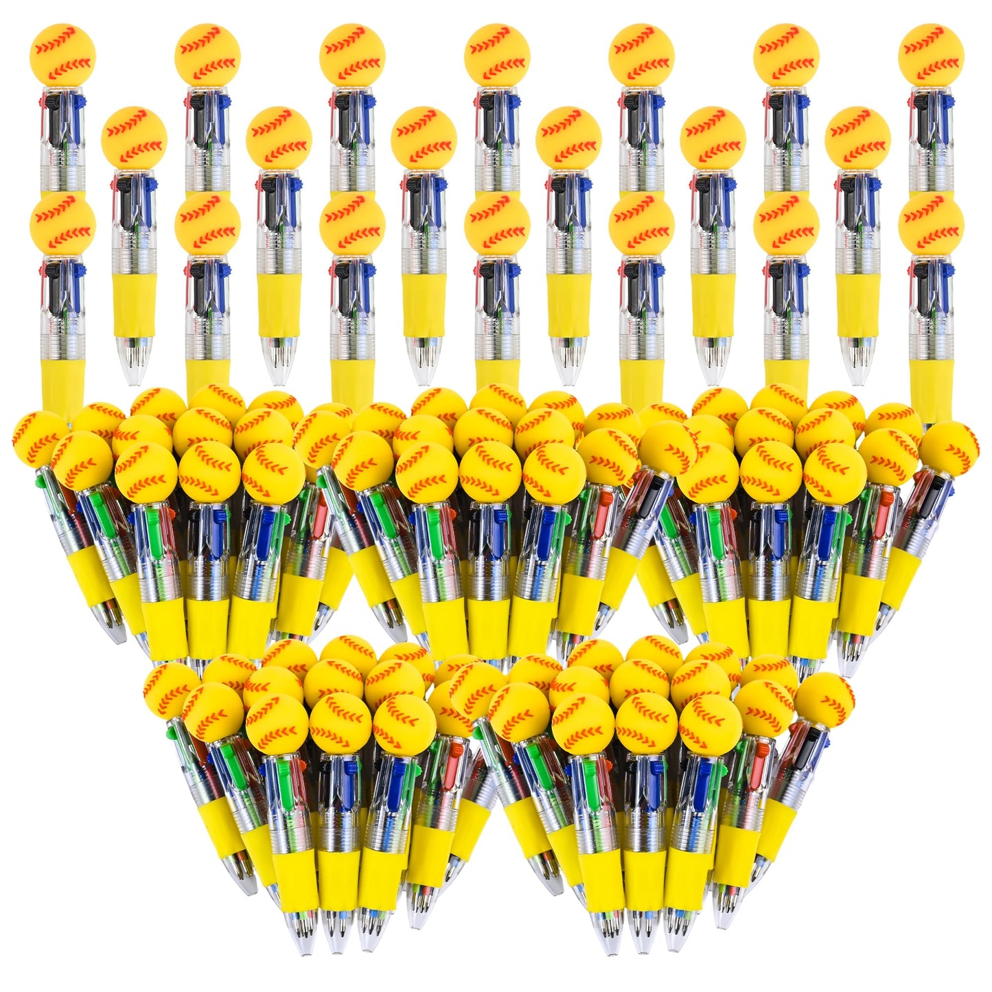 LiYiQ 100 Pcs Softball Party Favor Multicolor Pen in One Cartoon Cute Fun 4-in-1 Cute Pens Bulk Kawaii Softball Shape Cool Ballpoint Pens for Kids Fun Gifts