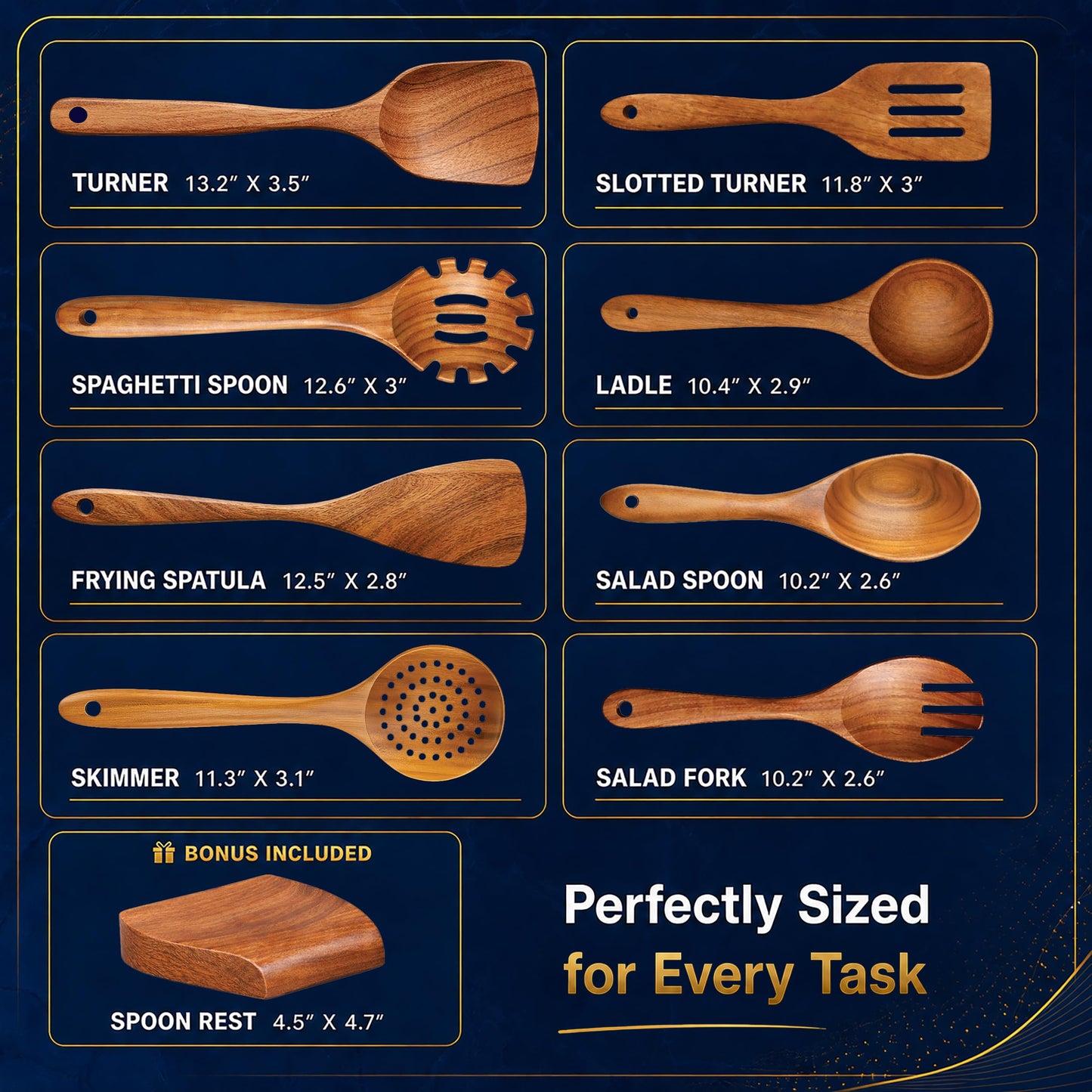 9-Piece Teak Wooden Utensil Set – Wooden Spoons for Cooking with Spoon Rest, Wooden Spatula, and Non Toxic Cooking Utensils – Premium Kitchen Utensils Set for Daily Use