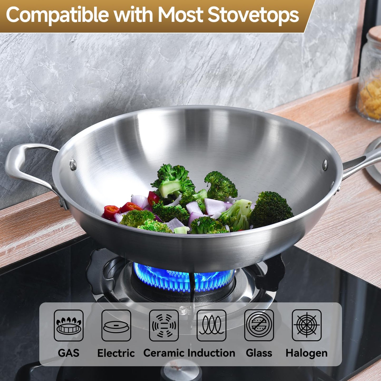LOLYKITCH 13 Inch Stainless Steel Wok with Glass Lid, Tri-Ply Stir Fry Pan with Detachable Handle, Uncoated Cooking Wok for Induction & Glass, Flat Bottom, SGS Certified Cookware