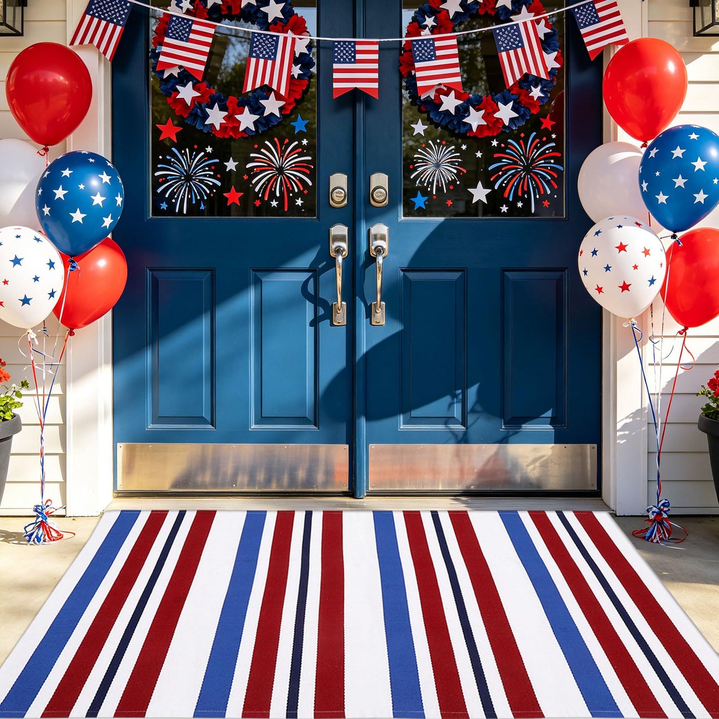Bottalive USA 250th Anniversary Patriotic Doormat, 3' x 5' Red White and Blue Striped Outdoor Rug, Washable Farmhouse Front Porch Welcome Mat for Memorial Day, 4th of July, and Independence Day Decor