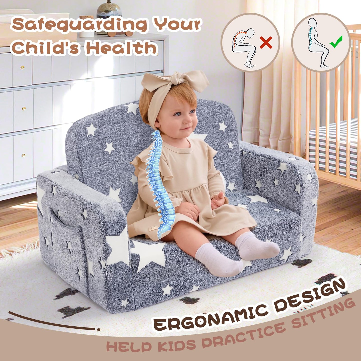 Foryoomi Extra Wide Kids Couch, 2-in-1 Soft Couch with Blanket, Glow in The Dark, Comfy Chair with Cloud Pillow, Convertible Sofa, Star