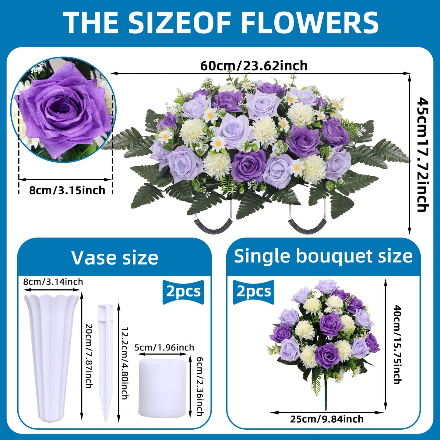Lodou 3Pack Cemetery Decorations for Grave Large Headstone Flower Saddle Artificial Rose Bouquets with Vases for Outdoor Grave Headstone Decorations(Purple)