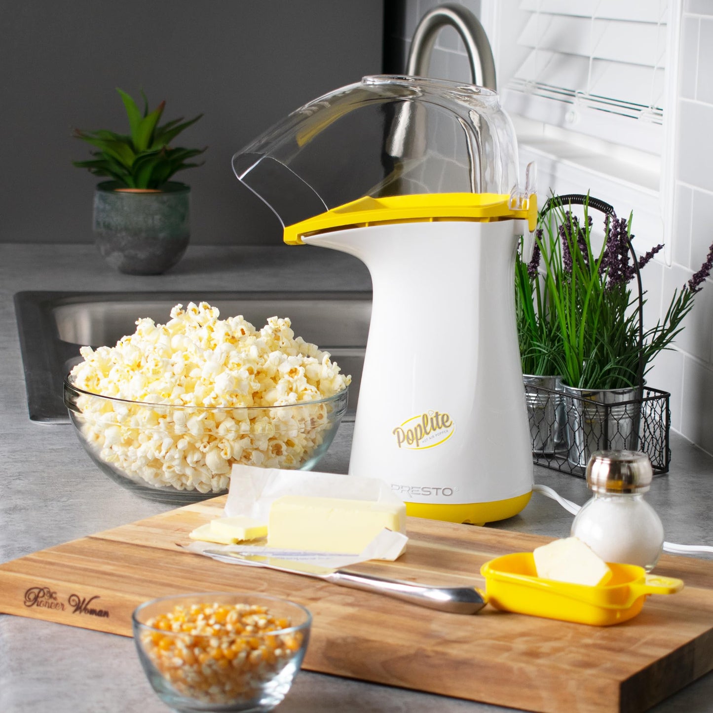 Presto 04820 Poplite Hot Air Popcorn Popper - Built-In Measuring Cup + Melts Butter, Easy to Clean, Built-In Cord Wrap, 18 Cups, Yellow