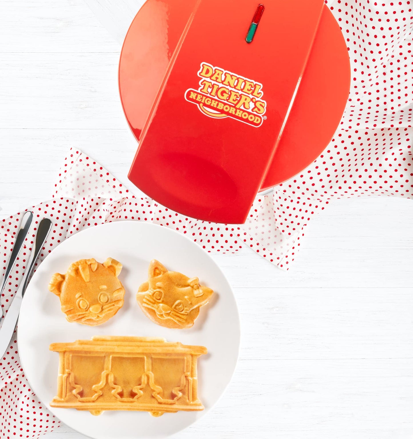 Daniel Tiger's Neighborhood Waffle Maker -Electric Nonstick Mini Waffle Iron for Kids, Makes 3D Character Waffles & Pancakes (Daniel Tiger, Katerina Kittycat, Trolley), Fun Breakfast Kitchen Appliance
