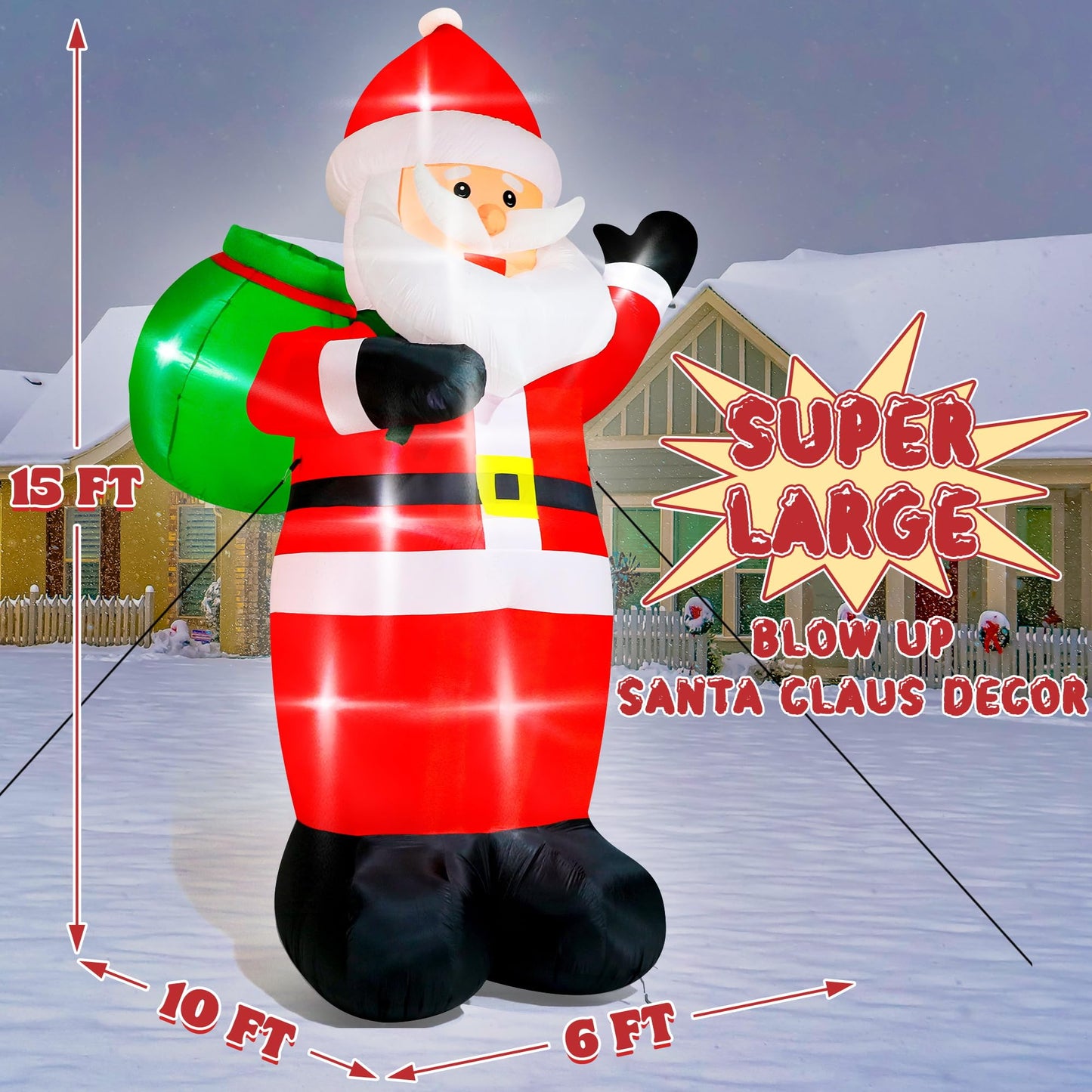 15FT Christmas Inflatables, Giant Inflatable Santa Claus Holding Gift Bags, Blow Up Christmas Santa Claus with 8pcs LED, Inflatable Santa Claus Outdoor Decorations for Party Holiday Lawn Yard