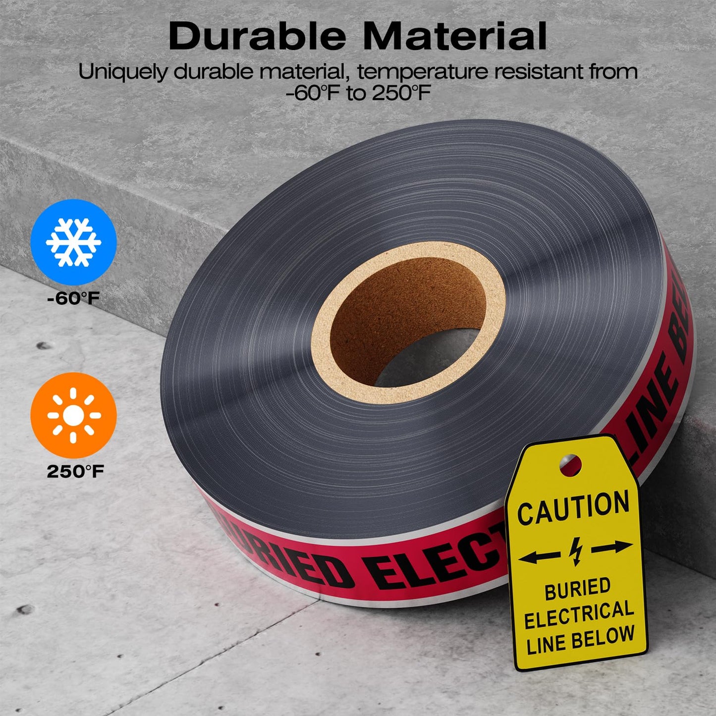 1000 Feet Caution Buried Electric Line Below Red/Black Print Safety Tape with Above-Ground Caution Tag, 2 Inch x Foot 5 Mil, Detectable 2-Inch