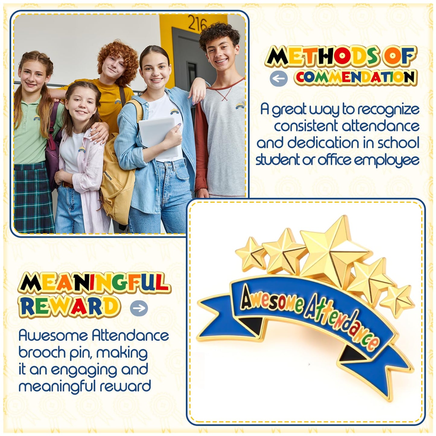 Huquary 150 Pcs Awesome Attendance Awards Perfect Awesome Attendance Star Lapel Pins Related to Attendances Chart Prizes for Classroom, School, Competition, Sports Event, Contests, Office Team