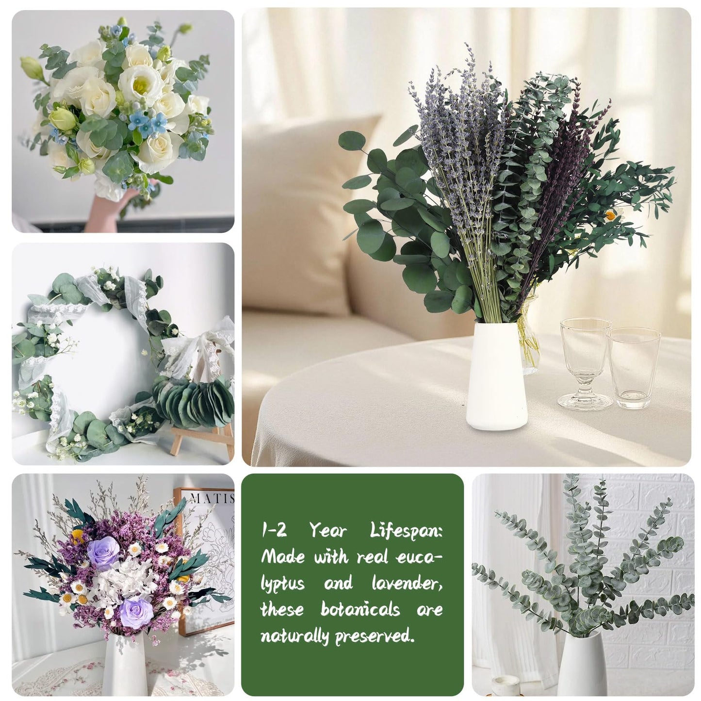 120+ Pcs Mixed Dried Eucalyptus & Lavender Flowers for Shower, Preserved Natural Eucalyptus Leaves for Wall Hanging, Plant Fragrance, Dried Florals for Vase Fillers, Wedding, Green Bathroom Decor