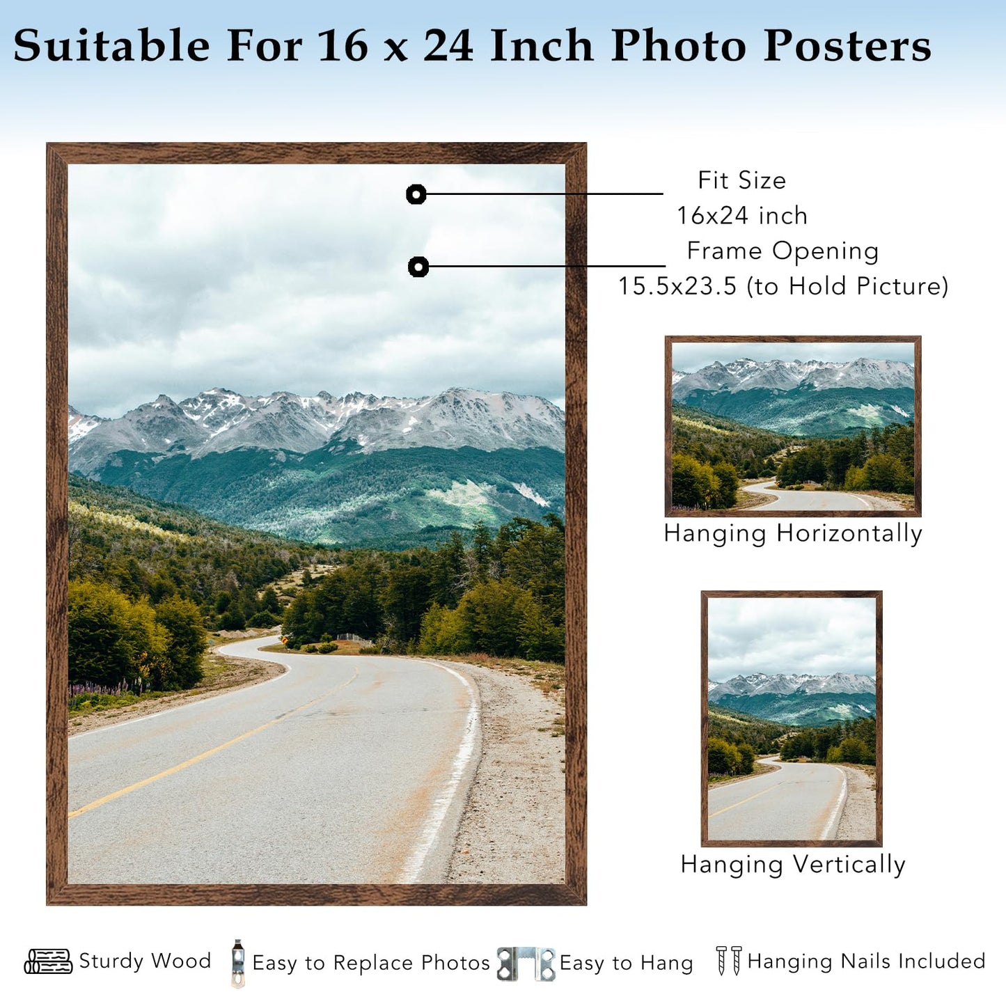 QOTIB 16x24 Picture Frame for Wall Hanging, Wood 16 x 24 Frame 40x60 cm Poster Photo Frame for Wall Horizontally or Vertically, Deep Brown, 1 Pack