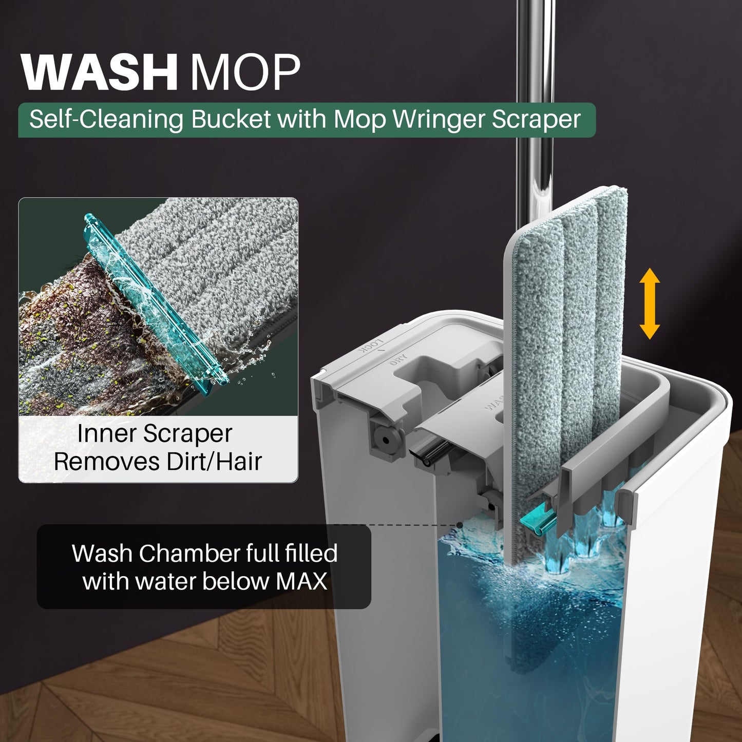 JOYMOOP Flat Mop System, Microfiber Mop and Bucket Set, White, Commercial & Household Use, Hardwood Floor & Wall Cleaning Mop with Long Handle, 4 Microfiber Pads