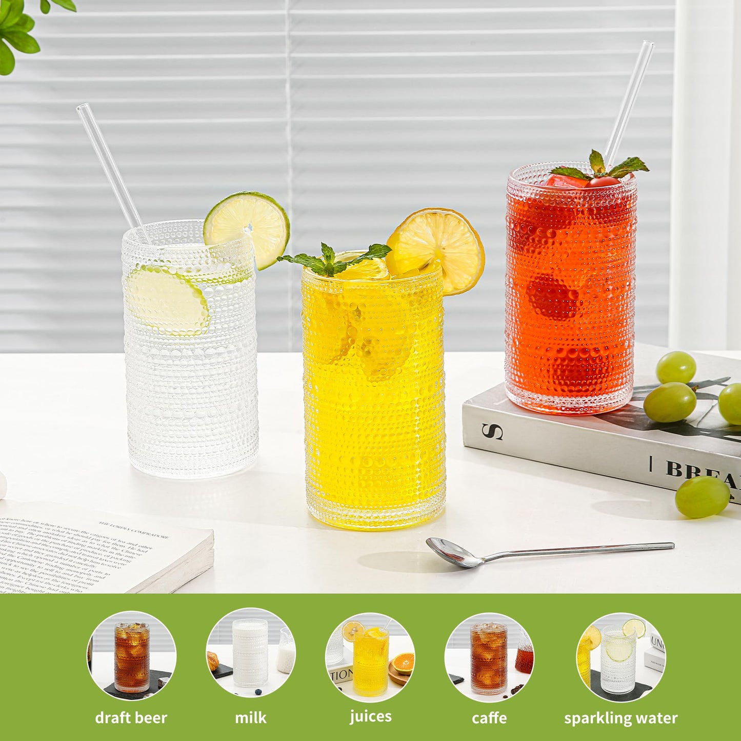 HEFBCOMK Large Vintage Hobnail Drinking Glasses Set of 6, 16oz Clear Highball Glasses Cups, Kitchen Water Glasses Cup, for Cocktail, Juice, Whiskey, Milk and Various Mixed Drinks
