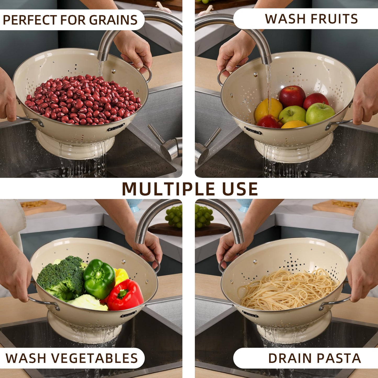 Metal Colander 2 Pack, Strainer Bowel with Handles 2Qt & 6Qt Powder Coated Solid Ring Base Heavey Duty Kitchen Drainer Basket for Pasta Veggies and Fruits,New Home Apartment Essentials (Almond Cream)