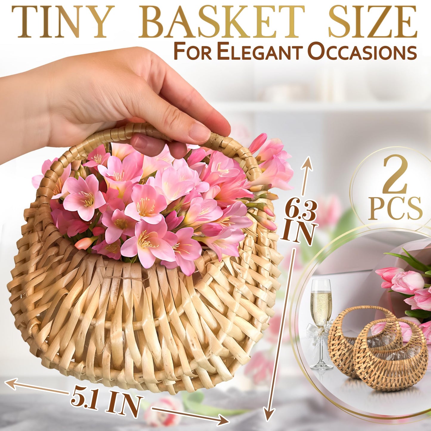 Flower Girl Basket Set of 2 - Charming Rattan with Waterproof Lining, 6.3 x 5.12 x 3.75 Inch - Small Wicker Basket with Handle for Wedding Flower Petals, Confetti, Candy, Gift, Storage & Home Decor