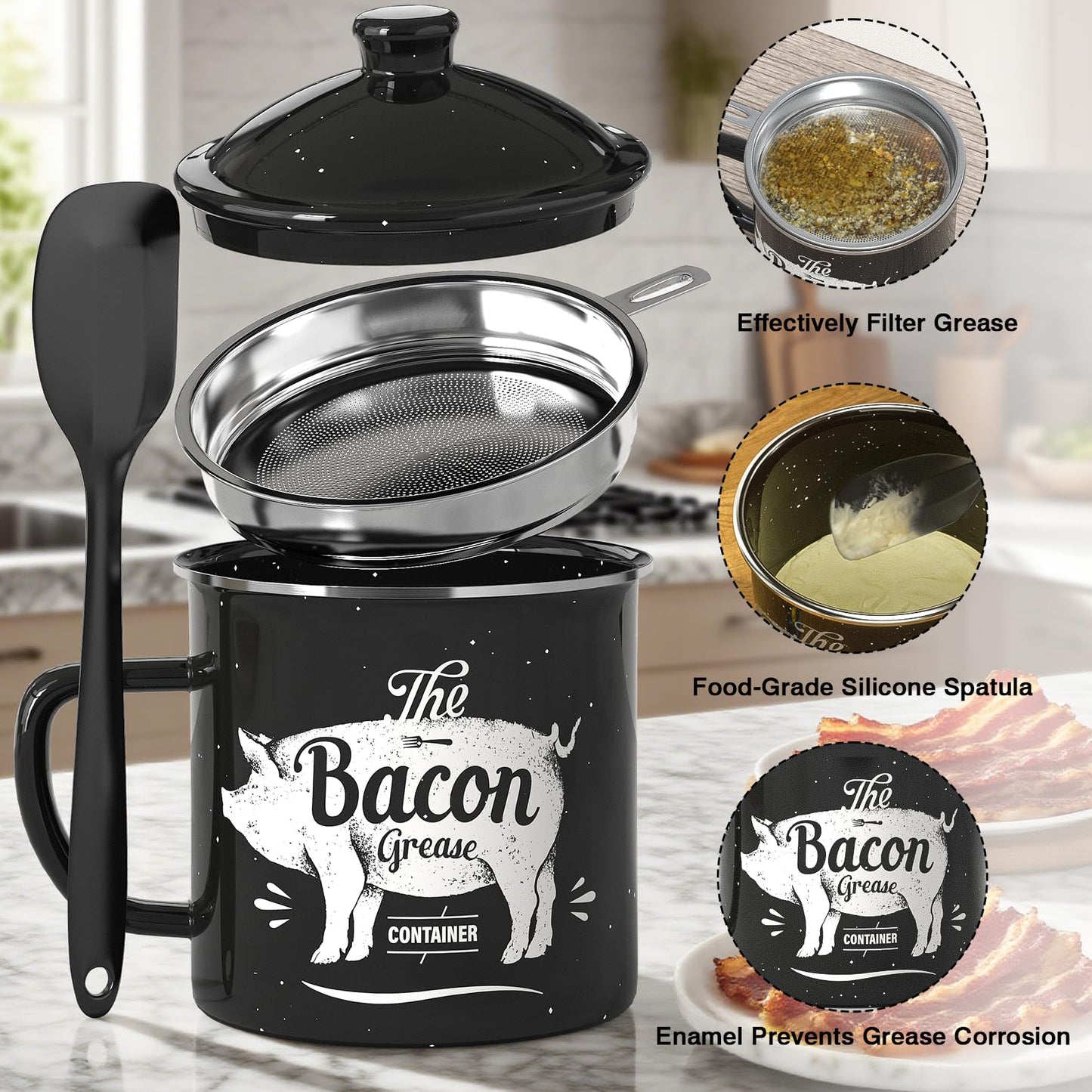 Bacon Grease Container With Strainer, 46OZ Large Enamel Grease Container, With Silicone Spatula, Farmhouse Bacon Grease Keeper, Cooking Oil Container For Kitchen Fat Storage, Dishwasher Safe-Black