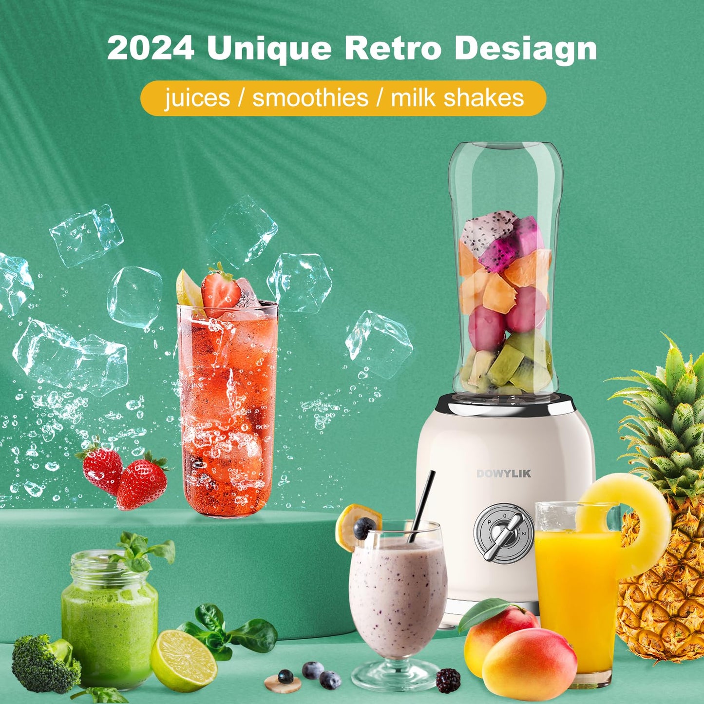 DOWYLIK Personal Retro Protein Drink Blender, 3 Speed Small Blender for Smoothies, Maker with 6-Edge Blade and 2 * 20oz BPA Free Travel Cups