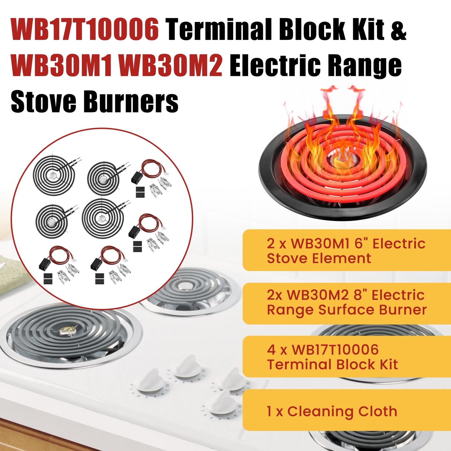 WB30M1 WB30M2 Stove Coils for Electric Stove Electric Stove Burner Elements Replacement & 4 Pack WB17T10006 Terminal Block Kit Compatible With G-E Hot-point Electric Range Burner Set By Fetechmate
