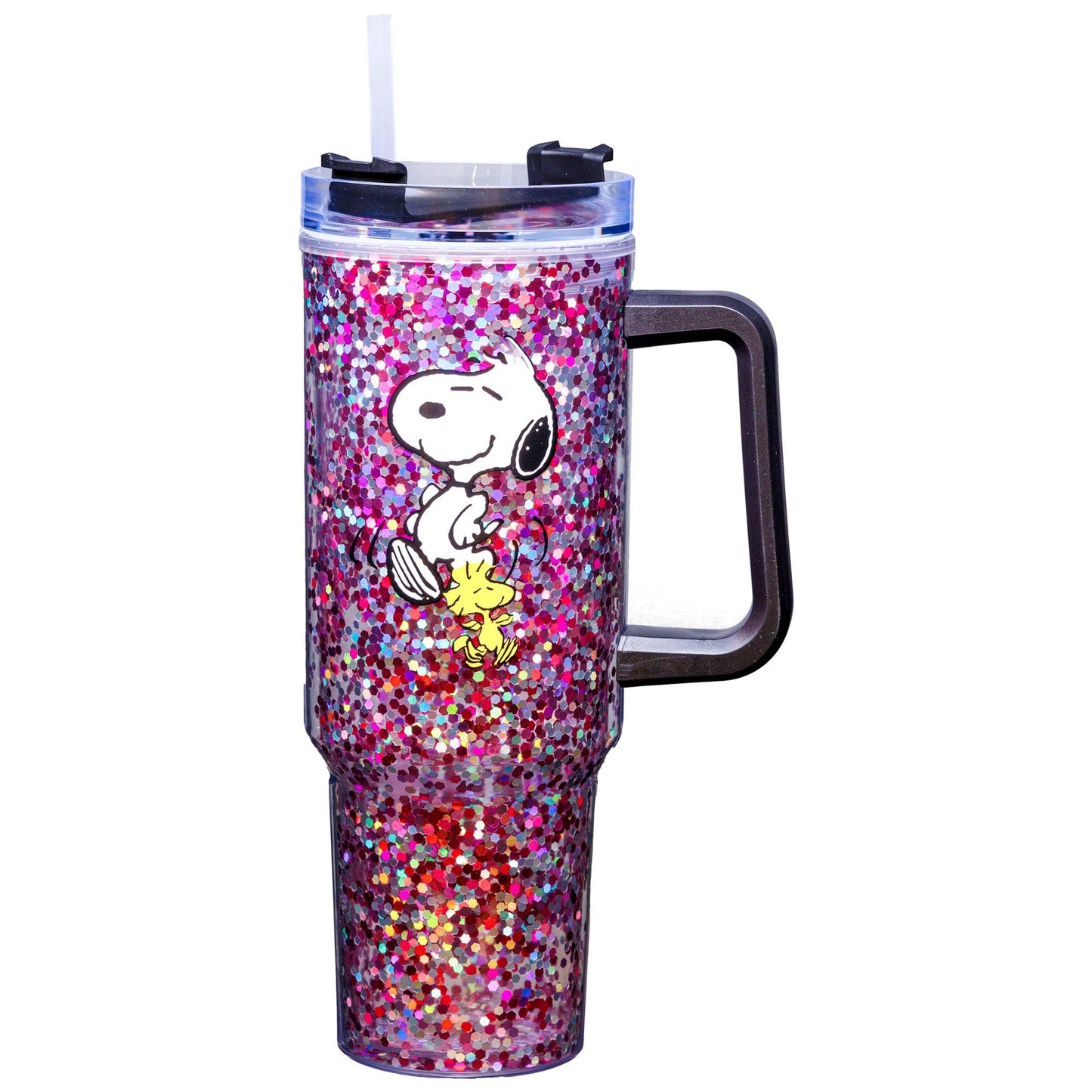 Spoontiques Peanuts 40oz Glitter Acrylic Travel Mug - Double Wall Acrylic with Sliding Lock Travel Lid and Straw - 11" Tall