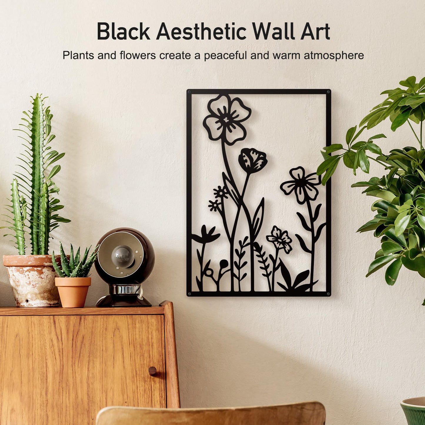Sokurdeg Black Metal Flower Wall Decor, Minimalist Floral Botanical Wall Art, Abstract Line Boho Farmhouse Decor for Living Room, Bathroom, Bathroom, Office, Meaningful Gift (4 Pcs, 12x17 in)